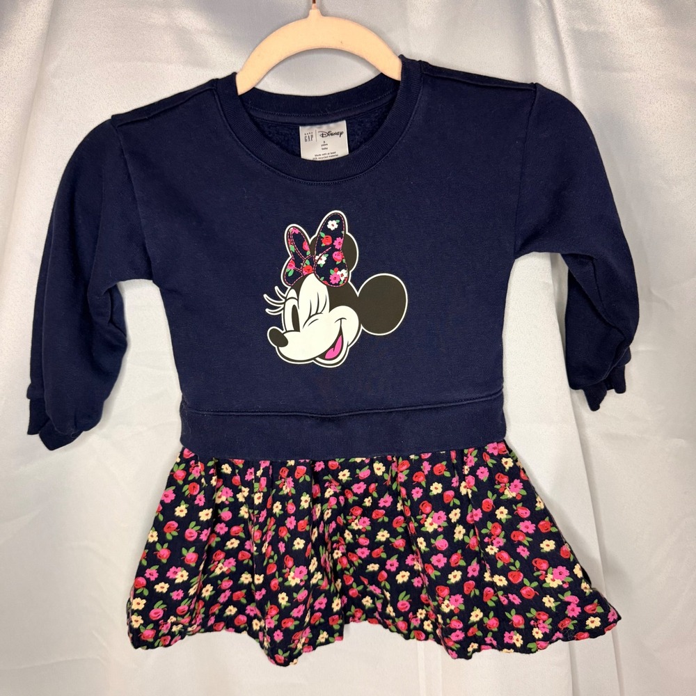 Baby Gap Disney Minnie Mouse Navy Blue Floral Sweatshirt Dress Kids‎ 3 Years